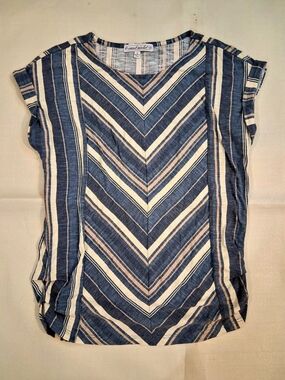 Sweet Violet Striped V-Neck Blouse in Blue & Beige Size Medium Like New